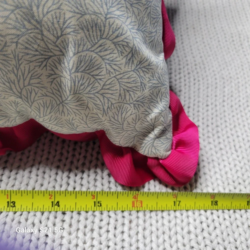Handmade Embroidered Floral Pillow Denim Back Pink Ruffle Trim 17x12 Boho Accent